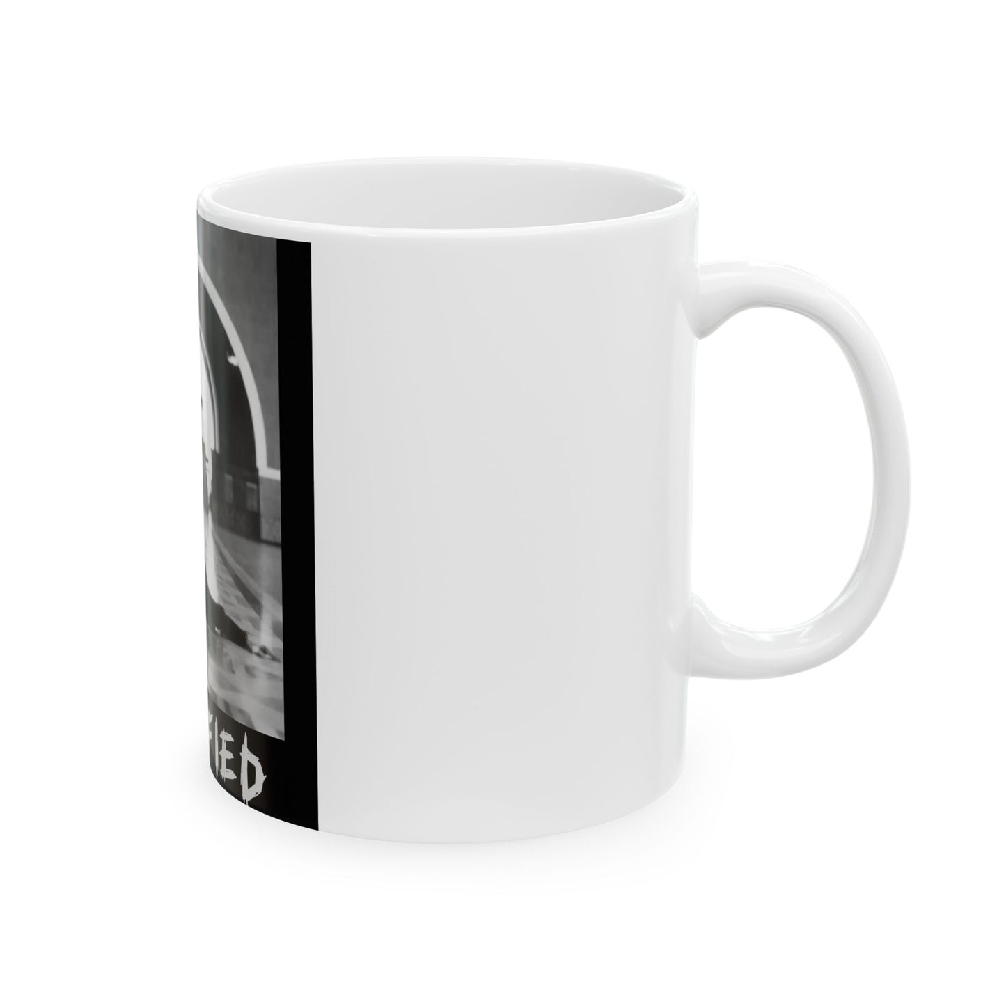 Crucified Mug — Gothic Black & White Photo Coffee Cup