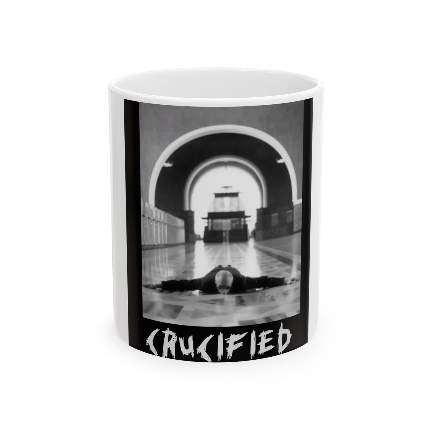 Crucified Mug — Gothic Black & White Photo Coffee Cup