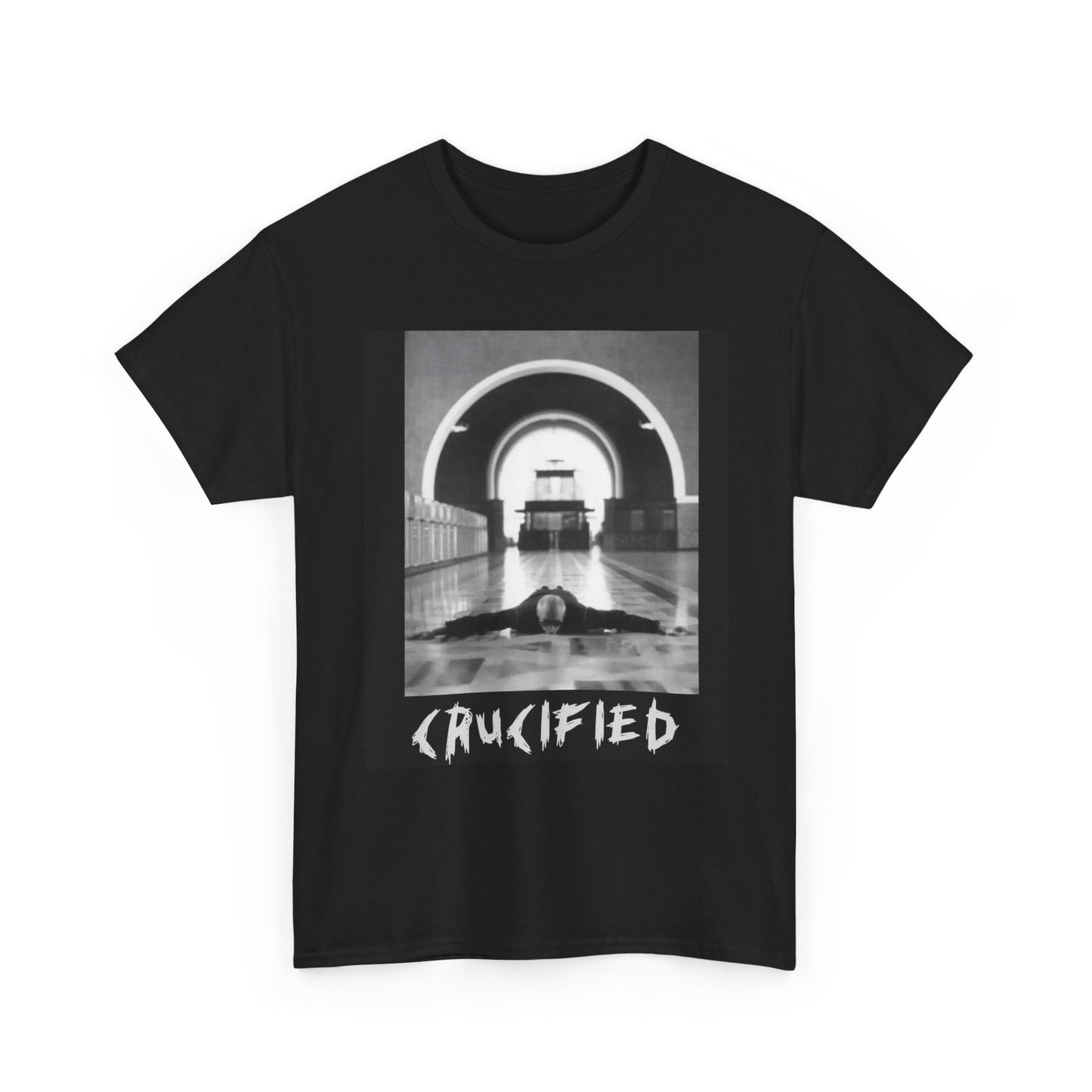 Crucified Band Tee — Vintage Gothic Black & White Photo T-Shirt