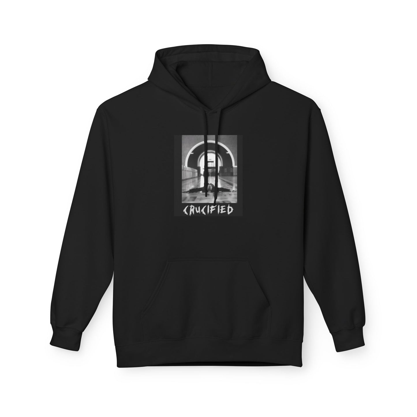 Crucified Hoodie — Vintage Gothic Black & White Graphic Pullover