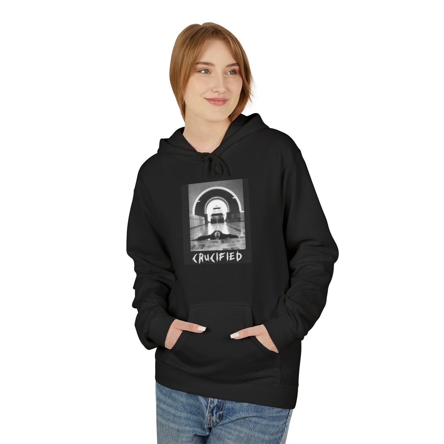 Crucified Hoodie — Vintage Gothic Black & White Graphic Pullover
