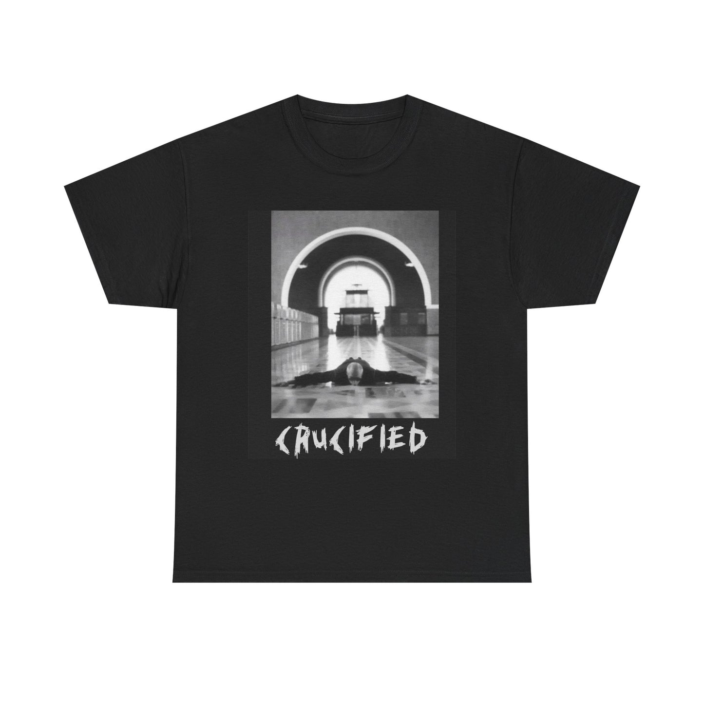 Crucified Band Tee — Vintage Gothic Black & White Photo T-Shirt