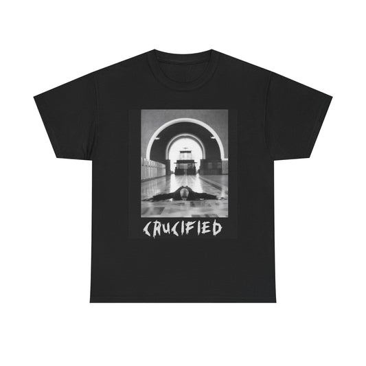 Crucified Band Tee — Vintage Gothic Black & White Photo T-Shirt
